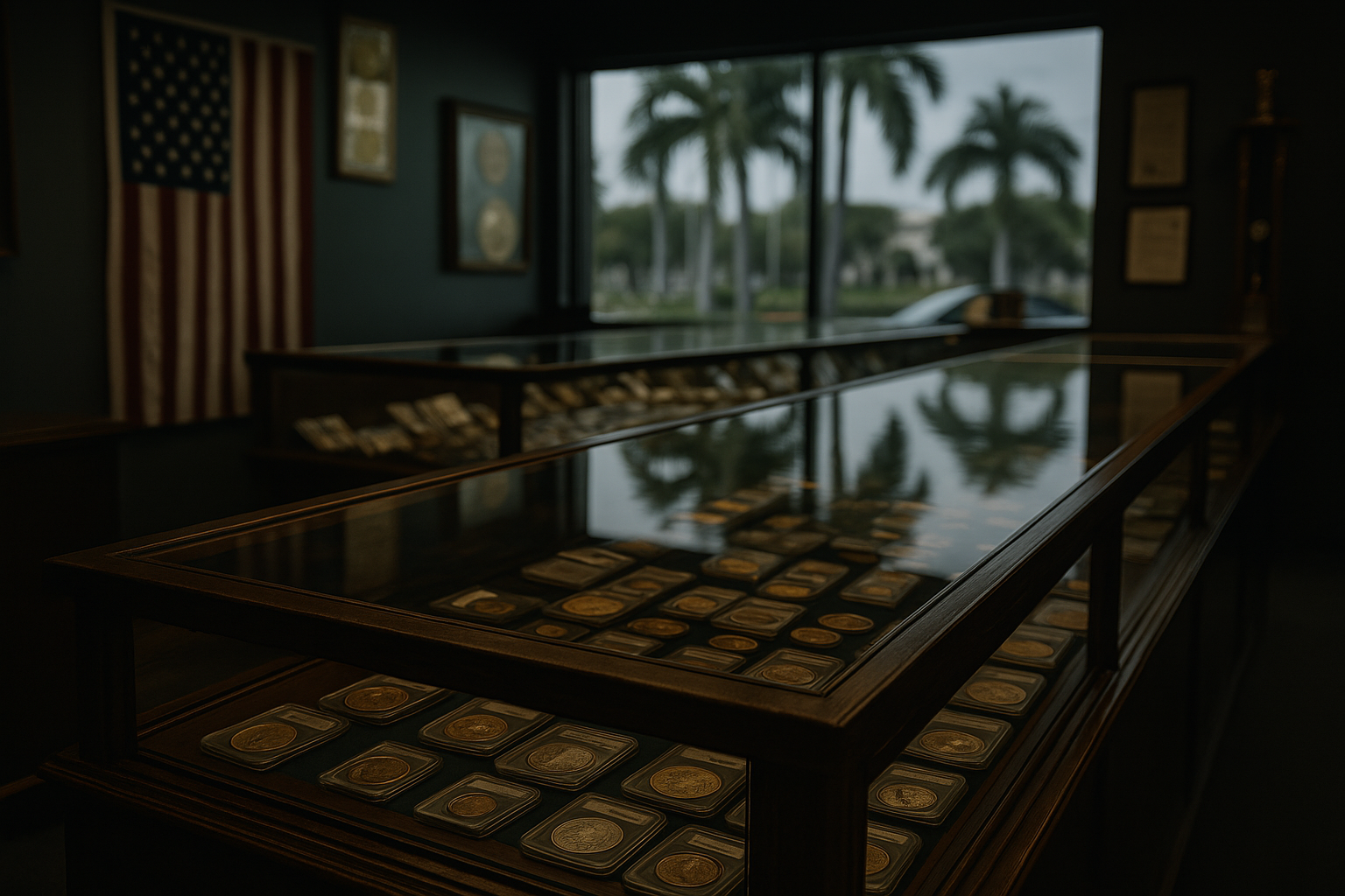 A collection of rare coins displayed elegantly across a map of Broward, showcasing pieces from different eras and regions.